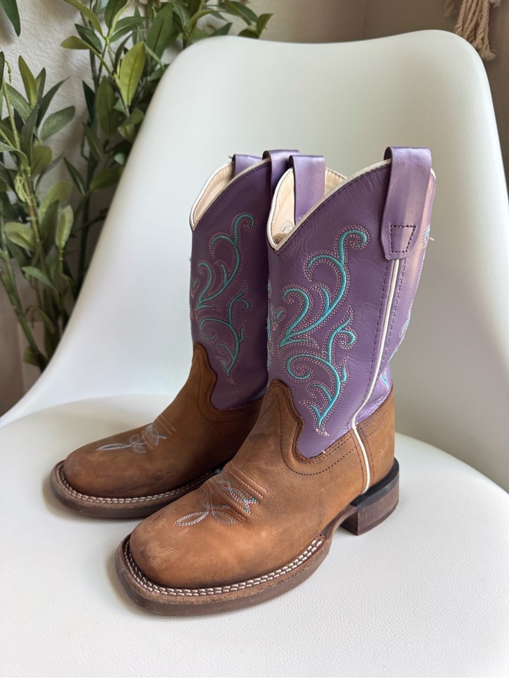 Old West BSC1907 Girls Cowboy Boots Size 12D Brown Purple Leather Western